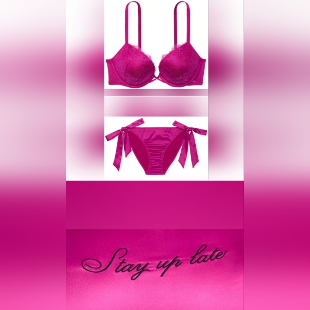 36D/L VS Rose Lace Bombshell Bra VS Flirty Embroidery Side Tie Panty Set